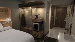 Jacuqard Hotel Cherry Creek Rendering of guest room with glass closet and modern lighting and decor.