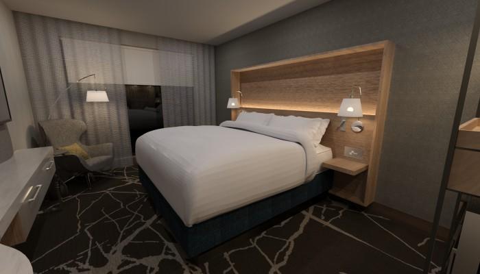Jacuqard Hotel Cherry Creek Rendering of guest room with king bed, large wooden headboard and contemporary finishes,